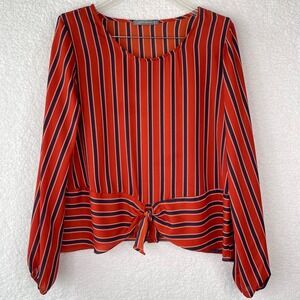Janet Chung Women Orange Navy Blue Striped Front Tie Long Sleeve Blouse Large